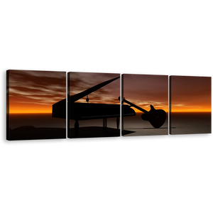 Piano Music Canvas Wall Art, Orange Sky Grand Piano Canvas Print, Black Guitar Musical Instrument 4 Piece Canvas Set