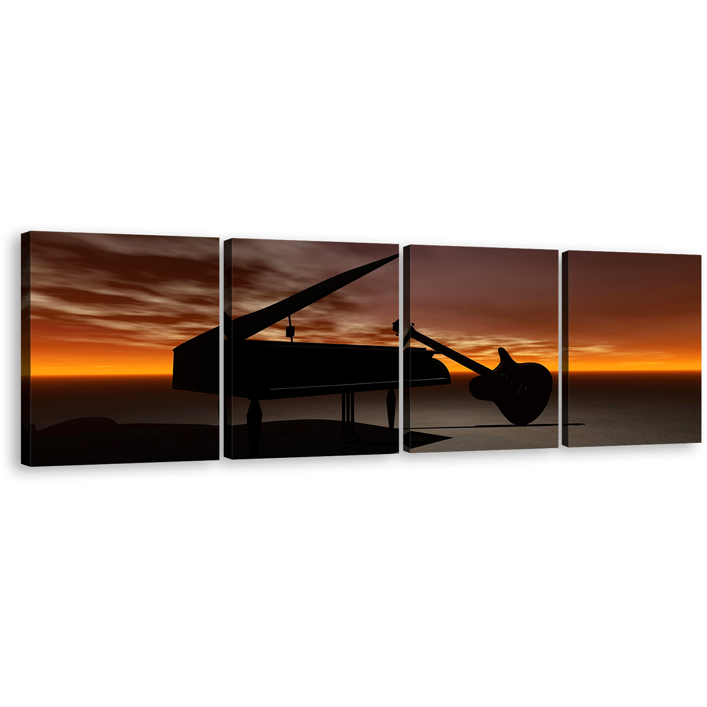 Piano Music Canvas Wall Art, Orange Sky Grand Piano Canvas Print, Black Guitar Musical Instrument 4 Piece Canvas Set