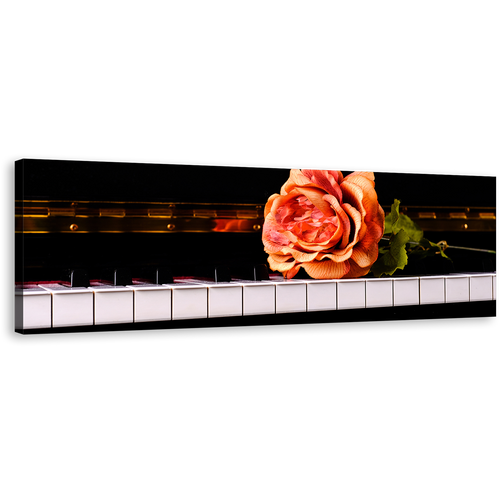 Piano Rose Canvas Print, White Black Piano Keyboard 1 Piece Canvas Wall Art, Isolated Pink Rose Piano Canvas Artwork