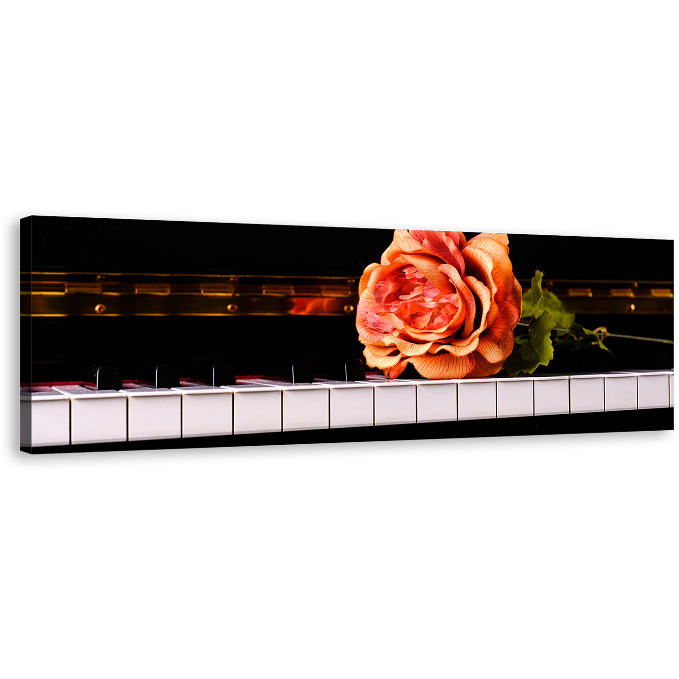 Piano Rose Canvas Print, White Black Piano Keyboard 1 Piece Canvas Wall Art, Isolated Pink Rose Piano Canvas Artwork