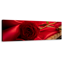 Load image into Gallery viewer, Piano Rose Canvas Wall Art, Red Rose with Red Cloth 1 Piece Canvas Artwork, Flower on Instrument Canvas Print
