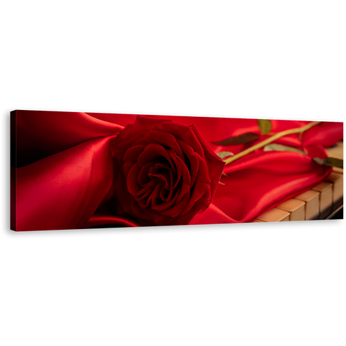 Piano Rose Canvas Wall Art, Red Rose with Red Cloth 1 Piece Canvas Artwork, Flower on Instrument Canvas Print