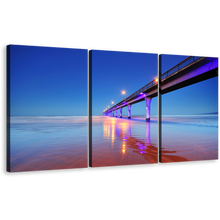 Load image into Gallery viewer, Pier Ocean Canvas Wall Art, Blue Sky Christchurch City Seascape Canvas Print, Purple New Brighton Pier 3 Piece Multi Canvas
