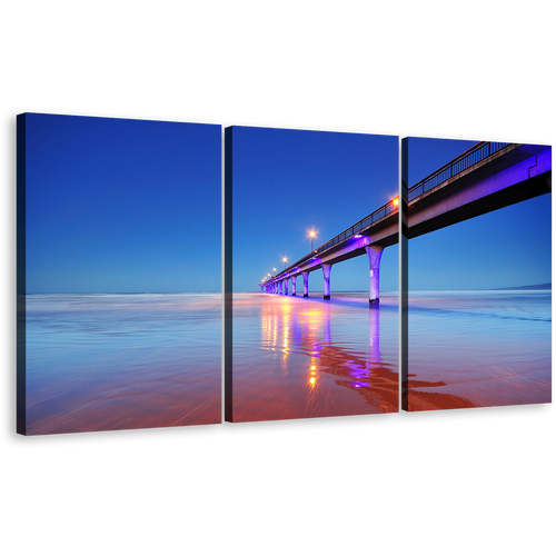 Pier Ocean Canvas Wall Art, Blue Sky Christchurch City Seascape Canvas Print, Purple New Brighton Pier 3 Piece Multi Canvas