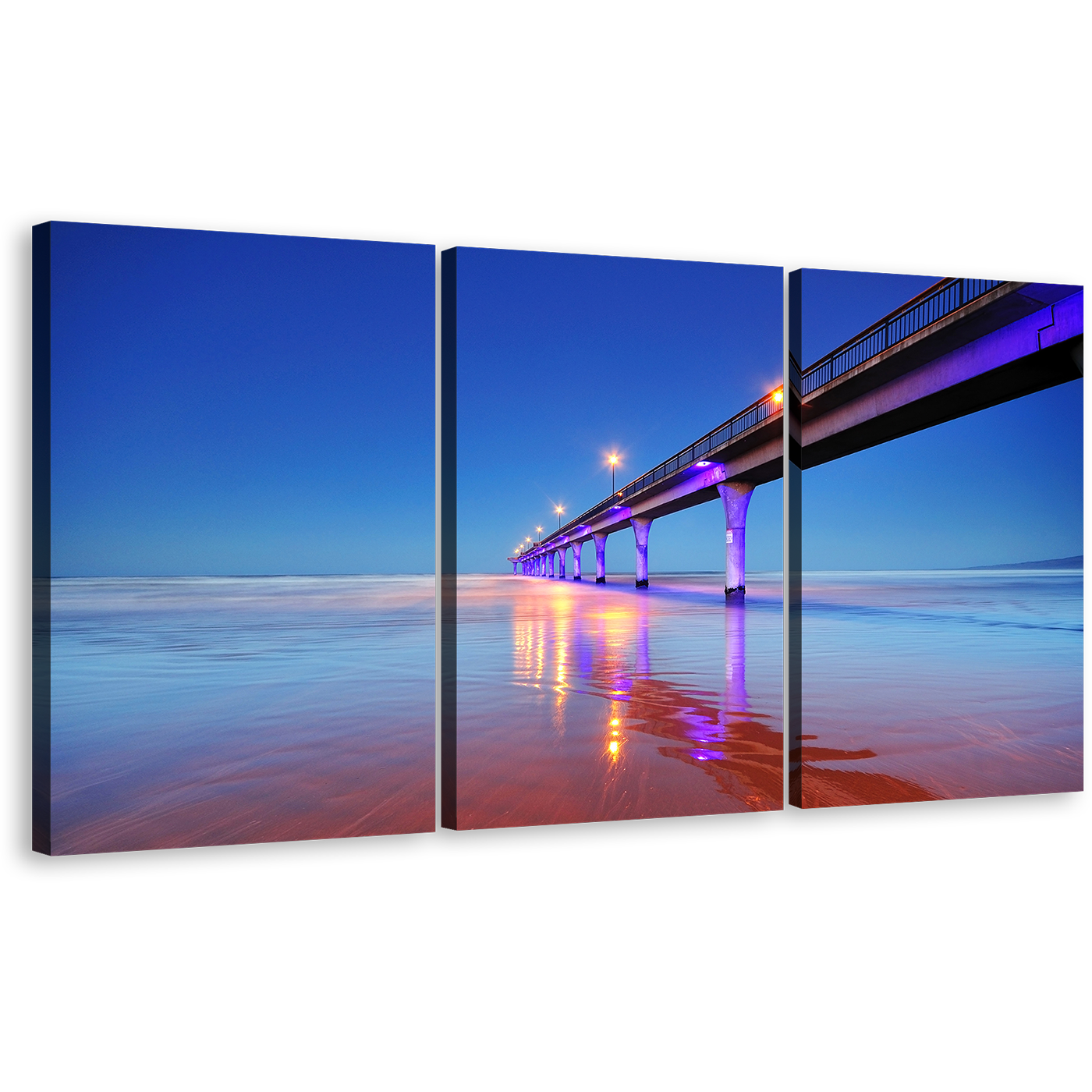 Pier Ocean Canvas Wall Art, Blue Sky Christchurch City Seascape Canvas Print, Purple New Brighton Pier 3 Piece Multi Canvas