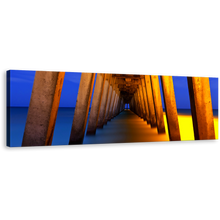 Load image into Gallery viewer, Pier Pillars Canvas Wall Art, Yellow Pier Ocean Canvas Artwork, Blue Orange Under Pier 1 Piece Canvas Print
