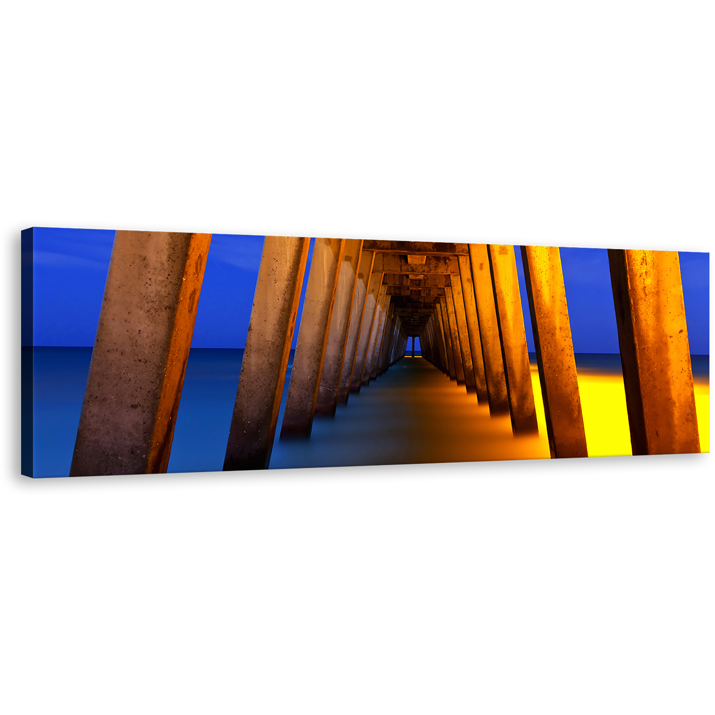 Pier Pillars Canvas Wall Art, Yellow Pier Ocean Canvas Artwork, Blue Orange Under Pier 1 Piece Canvas Print