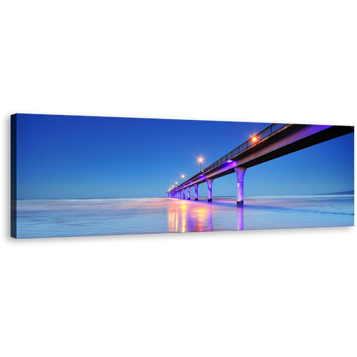 Pier Sea Canvas Wall Art, Purple New Brighton Pier Panoramic Canvas Print, Blue Sky Christchurch City Seascape Wide Canvas