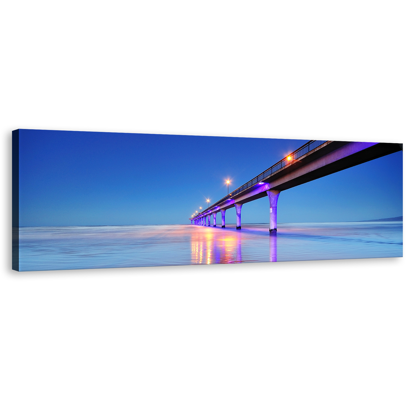 Pier Sea Canvas Wall Art, Purple New Brighton Pier Panoramic Canvas Print, Blue Sky Christchurch City Seascape Wide Canvas