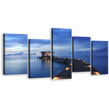 Load image into Gallery viewer, Pier Seascape Canvas Print, Blue Sea in Maldives Wall Art, Yellow Wooden Pier Lights 5 Piece Multi Canvas
