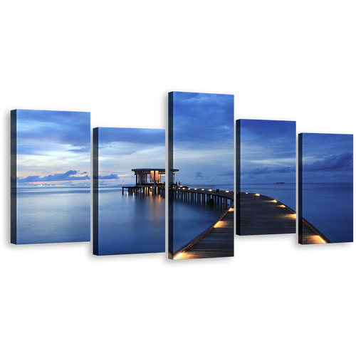 Pier Seascape Canvas Print, Blue Sea in Maldives Wall Art, Yellow Wooden Pier Lights 5 Piece Multi Canvas