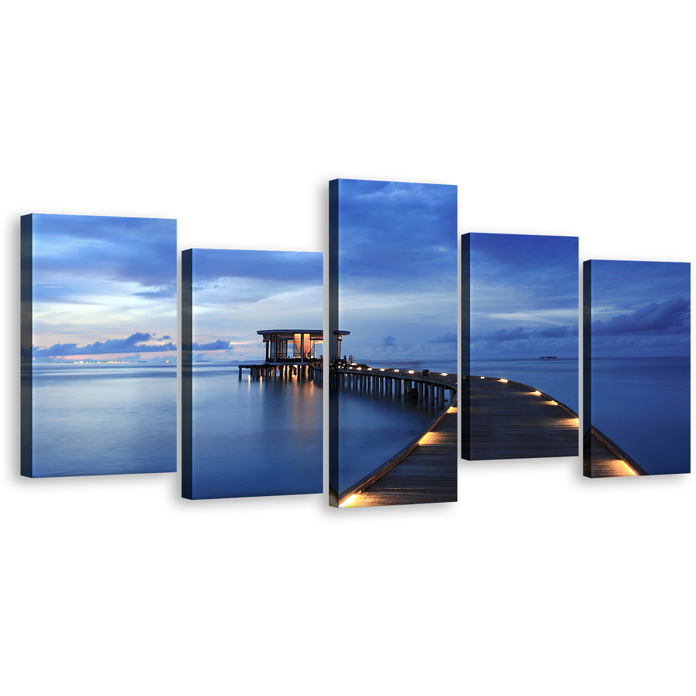 Pier Seascape Canvas Print, Blue Sea in Maldives Wall Art, Yellow Wooden Pier Lights 5 Piece Multi Canvas