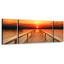 Load image into Gallery viewer, Pier Seascape Canvas Print, Dramatic Long Timber Pier 3 Piece Canvas, Orange Yellow Sunset Wooden Pier Canvas Wall Art
