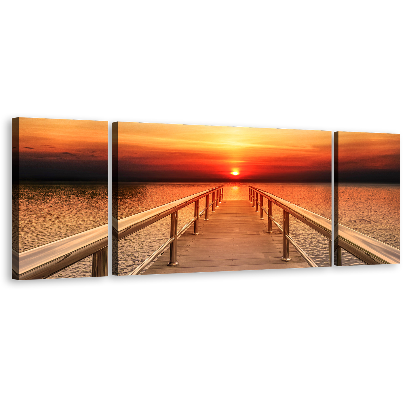 Pier Seascape Canvas Print, Dramatic Long Timber Pier 3 Piece Canvas, Orange Yellow Sunset Wooden Pier Canvas Wall Art