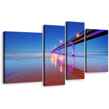 Load image into Gallery viewer, Pier Seascape Canvas Print, New Brighton Blue Pier Ocean 4 Piece Canvas Wall Art, Purple Pier Lights Reflection Sea Multi Panel Canvas
