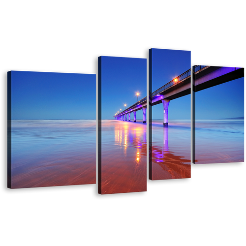 Pier Seascape Canvas Print, New Brighton Blue Pier Ocean 4 Piece Canvas Wall Art, Purple Pier Lights Reflection Sea Multi Panel Canvas