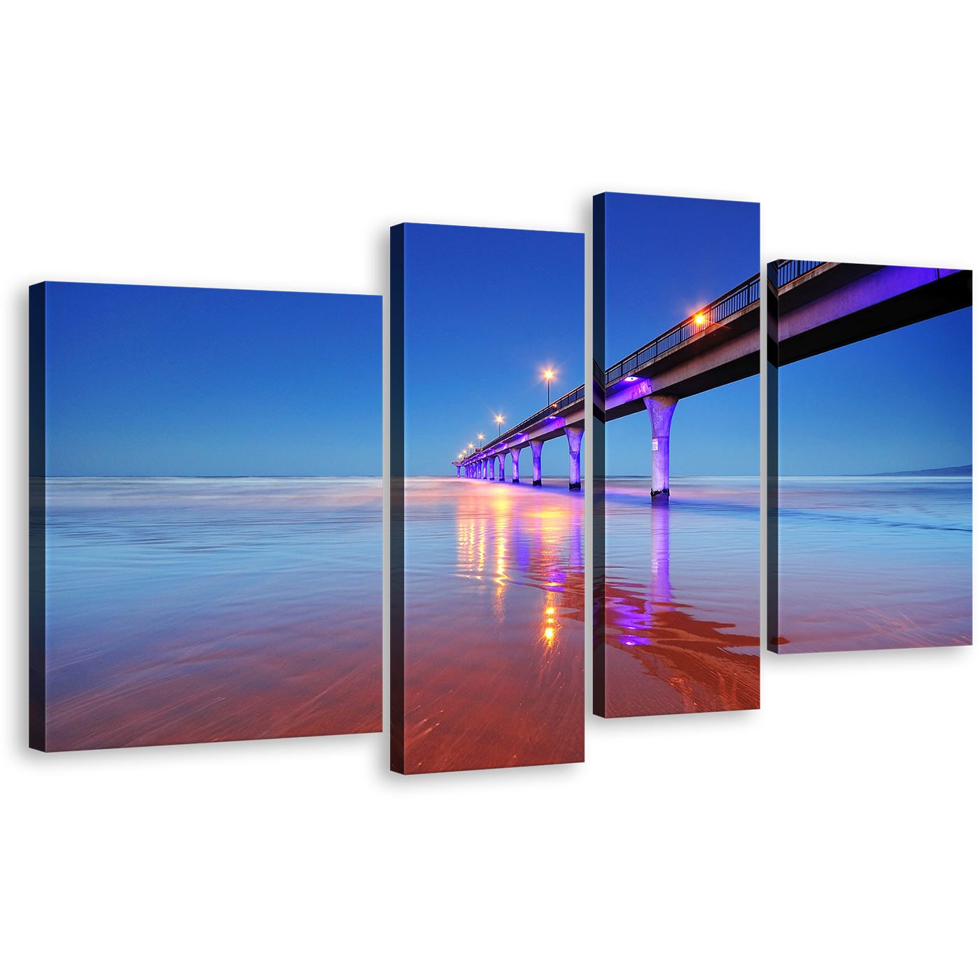 Pier Seascape Canvas Print, New Brighton Blue Pier Ocean 4 Piece Canvas Wall Art, Purple Pier Lights Reflection Sea Multi Panel Canvas