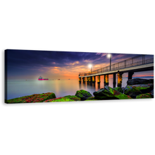 Load image into Gallery viewer, Pier Seascape Canvas Wall Art, Green Sea Boulders Canvas Print, Blue Cloudy Sunset Sky Panoramic Canvas
