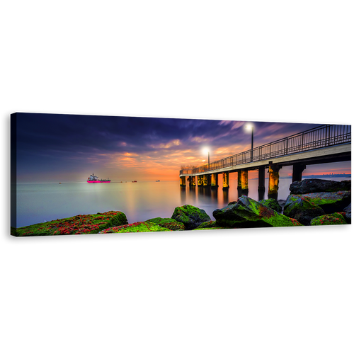 Pier Seascape Canvas Wall Art, Green Sea Boulders Canvas Print, Blue Cloudy Sunset Sky Panoramic Canvas