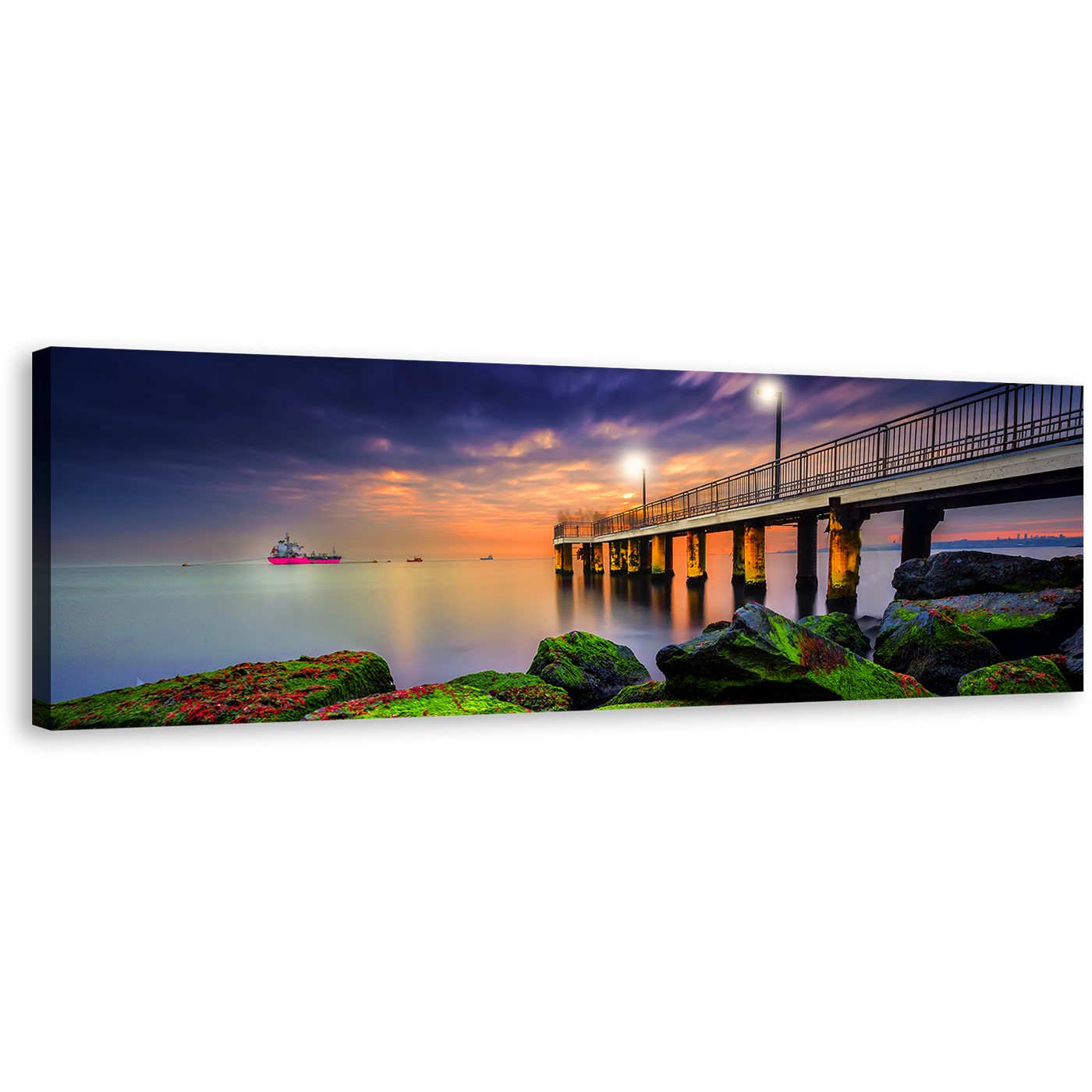 Pier Seascape Canvas Wall Art, Green Sea Boulders Canvas Print, Blue Cloudy Sunset Sky Panoramic Canvas