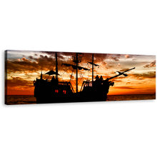 Load image into Gallery viewer, Pirate Ship Canvas Print, Black Boat Ship Panoramic Wall Art, Dramatic Orange Sunset Sky Seascape Canvas Art
