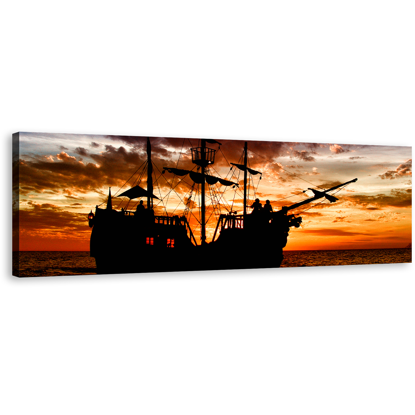 Pirate Ship Canvas Print, Black Boat Ship Panoramic Wall Art, Dramatic Orange Sunset Sky Seascape Canvas Art