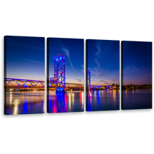 Load image into Gallery viewer, Piscataqua River Canvas Wall Art, Memorial Piscataqua River Orange City Bridge Canvas Print, New Hampshire Blue Night Sky 4 Piece Canvas
