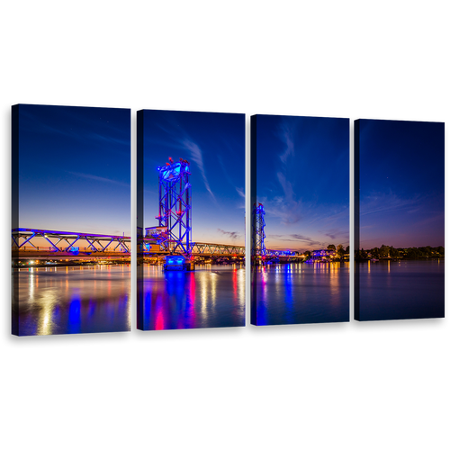 Piscataqua River Canvas Wall Art, Memorial Piscataqua River Orange City Bridge Canvas Print, New Hampshire Blue Night Sky 4 Piece Canvas