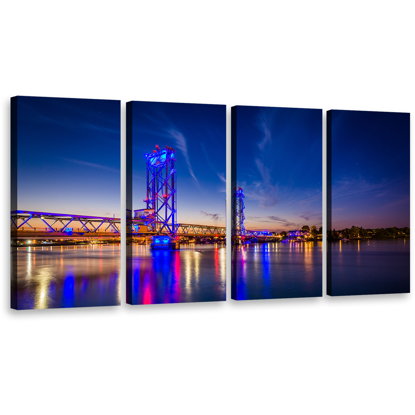 Piscataqua River Canvas Wall Art, Memorial Piscataqua River Orange City Bridge Canvas Print, New Hampshire Blue Night Sky 4 Piece Canvas