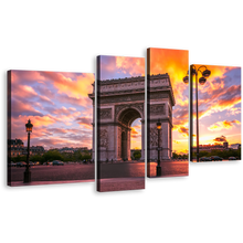 Load image into Gallery viewer, Place de l&#39;Etoile Canvas Print, Arc de Triomphe 4 Piece Canvas Wall Art, Beautiful Yellow Purple Sunset Multiple Canvas
