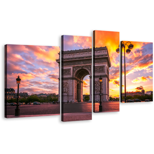 Place de l'Etoile Canvas Print, Arc de Triomphe 4 Piece Canvas Wall Art, Beautiful Yellow Purple Sunset Multiple Canvas