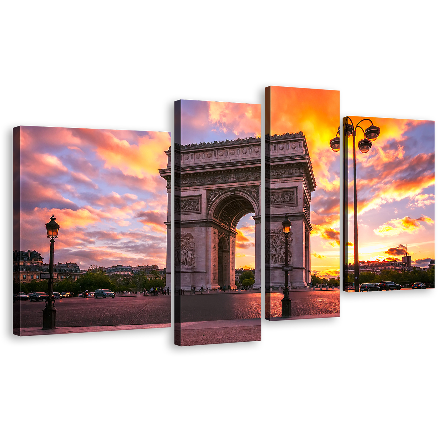 Place de l'Etoile Canvas Print, Arc de Triomphe 4 Piece Canvas Wall Art, Beautiful Yellow Purple Sunset Multiple Canvas