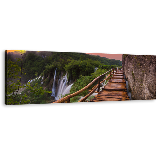 Plitvice Lakes Canvas Wall Art, Brown Wooden Bridge Scenery Waterfall  Canvas Artwork, Green National Park in Croatia 1 Piece Canvas Print