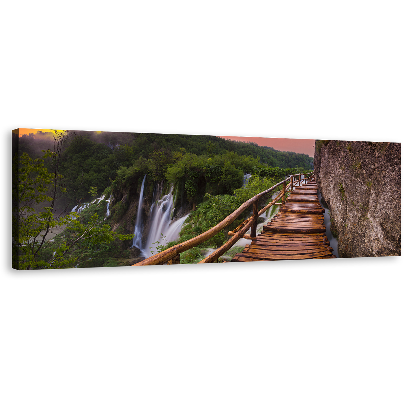 Plitvice Lakes Canvas Wall Art, Brown Wooden Bridge Scenery Waterfall  Canvas Artwork, Green National Park in Croatia 1 Piece Canvas Print