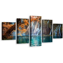 Load image into Gallery viewer, Plitvice Waterfalls Canvas Prints, Croatia Blue Waterfall Multi Canvas Artwork, Green National Park Autumn Waterfall 5 Piece Canvas Wall Art
