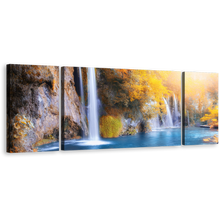 Load image into Gallery viewer, Plitvice Waterfalls Canvas Prints, Croatia Blue Waterfall Multi Canvas Artwork, Yellow National Park Autumn Waterfall 3 Piece Canvas Wall Art
