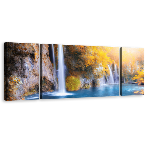 Plitvice Waterfalls Canvas Prints, Croatia Blue Waterfall Multi Canvas Artwork, Yellow National Park Autumn Waterfall 3 Piece Canvas Wall Art