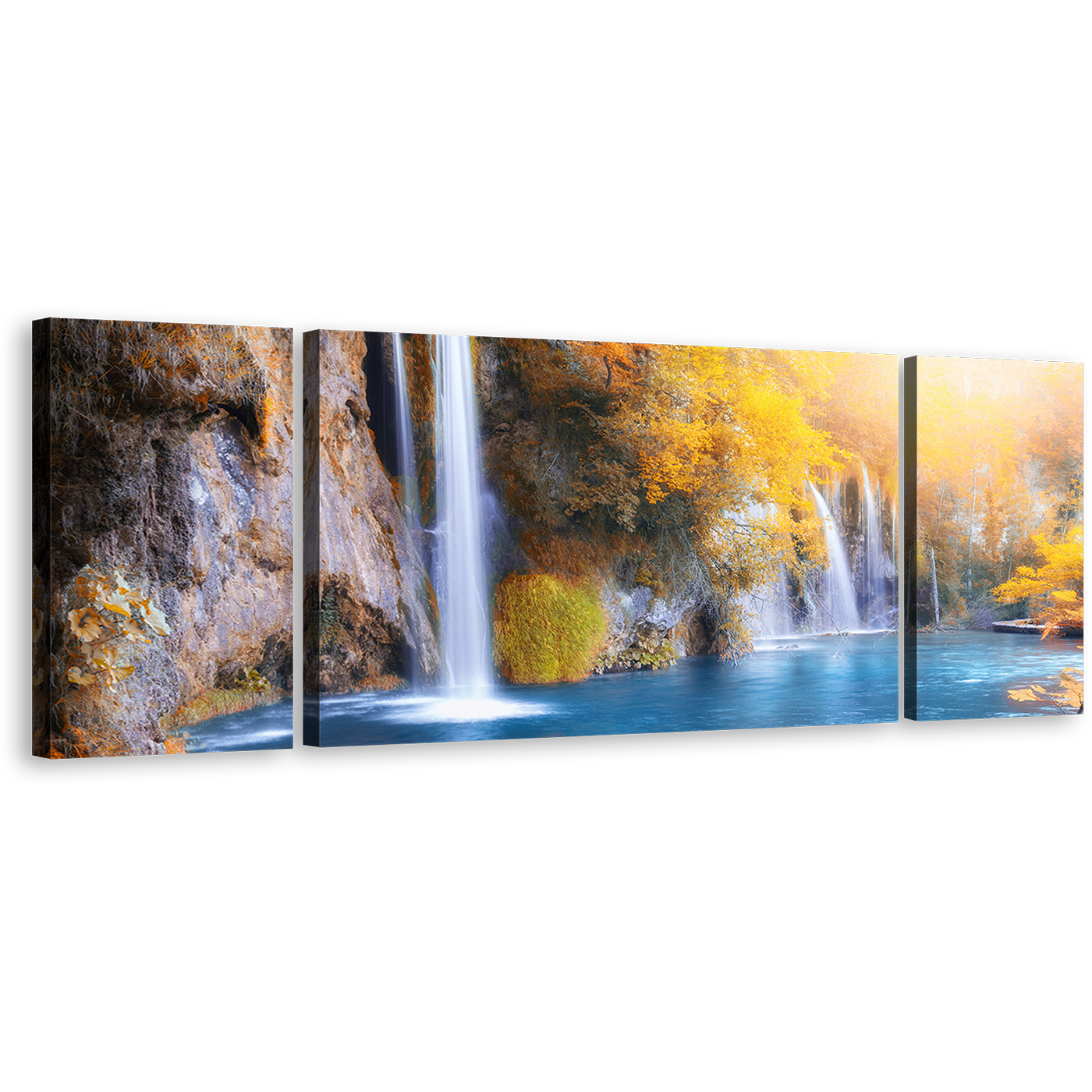 Plitvice Waterfalls Canvas Prints, Croatia Blue Waterfall Multi Canvas Artwork, Yellow National Park Autumn Waterfall 3 Piece Canvas Wall Art