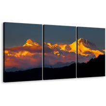 Load image into Gallery viewer, Pokhara Lake Wall Art, Orange Sunlight Mount Machhapuchhre 3 Piece Multi Canvas, White Snow Fishtail Phewa Landscape Canvas Print
