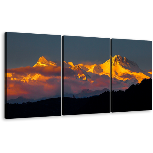 Pokhara Lake Wall Art, Orange Sunlight Mount Machhapuchhre 3 Piece Multi Canvas, White Snow Fishtail Phewa Landscape Canvas Print