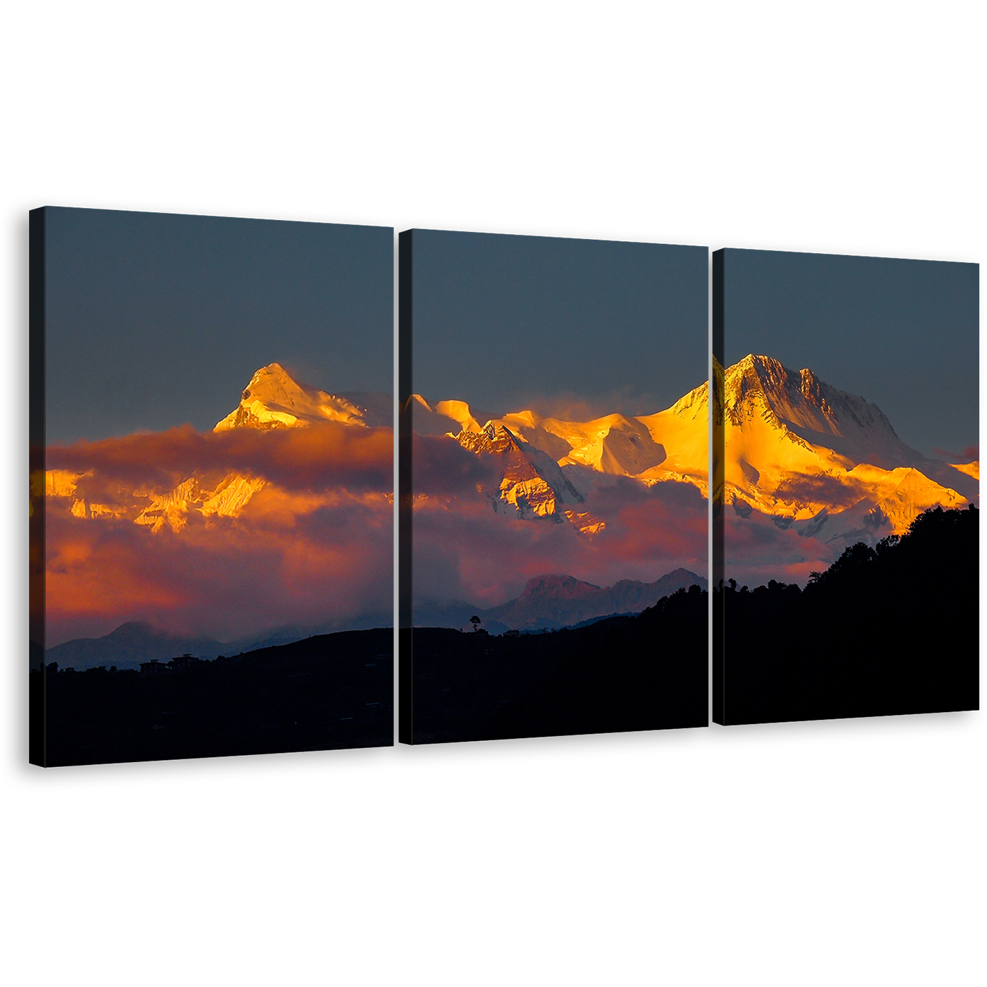 Pokhara Lake Wall Art, Orange Sunlight Mount Machhapuchhre 3 Piece Multi Canvas, White Snow Fishtail Phewa Landscape Canvas Print