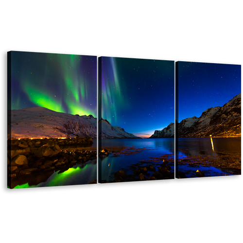 Polar Lights Canvas Print, Captivating Ersfjord Toms Aurora Green Blue Sky 3 Piece Canvas Muti-panel Art