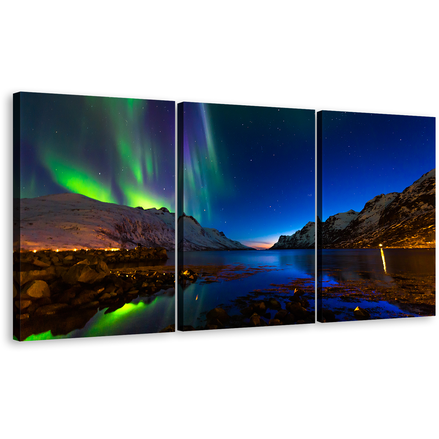 Polar Lights Canvas Print, Captivating Ersfjord Toms Aurora Green Blue Sky 3 Piece Canvas Muti-panel Art