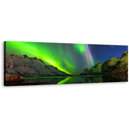 Polar Lights Canvas Wall Art, Dramatic Blue Starry Sky Panoramic Canvas Print, Green Ersfjord Norway Aurora Wide Canvas