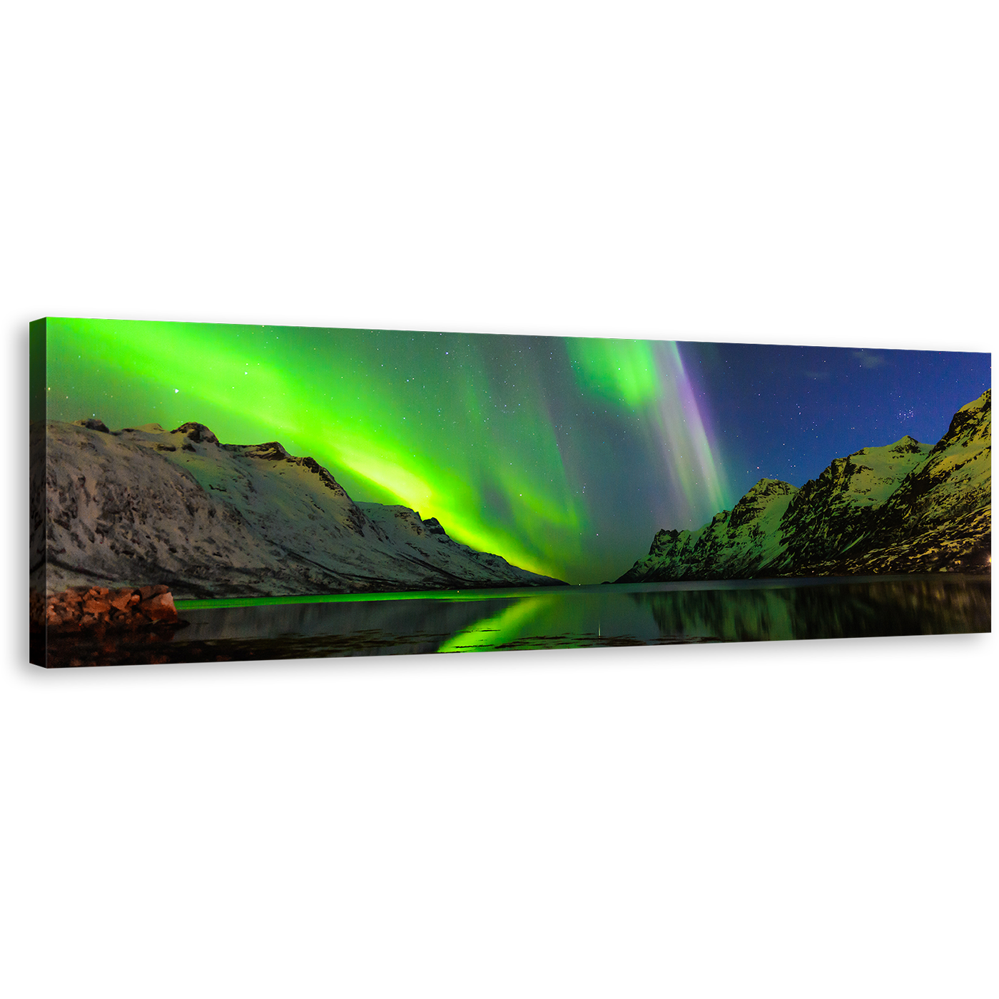 Polar Lights Canvas Wall Art, Dramatic Blue Starry Sky Panoramic Canvas Print, Green Ersfjord Norway Aurora Wide Canvas