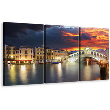 Load image into Gallery viewer, Ponte Rialto Canvas Wall Art, Grey Italy Gondola Seascape Canvas Set, Venice City Rialto Bridge 3 Piece Canvas Print, Dramatic Cloudy Orange Sunset Sky Multiple Canvas
