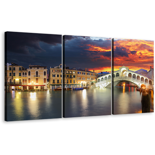 Ponte Rialto Canvas Wall Art, Grey Italy Gondola Seascape Canvas Set, Venice City Rialto Bridge 3 Piece Canvas Print, Dramatic Cloudy Orange Sunset Sky Multiple Canvas