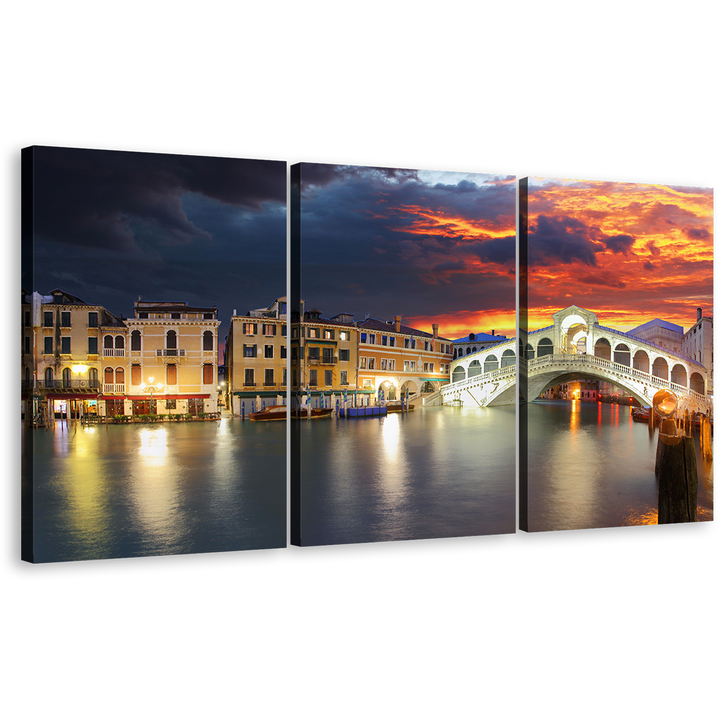 Ponte Rialto Canvas Wall Art, Grey Italy Gondola Seascape Canvas Set, Venice City Rialto Bridge 3 Piece Canvas Print, Dramatic Cloudy Orange Sunset Sky Multiple Canvas