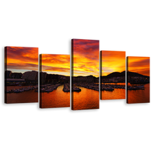 Load image into Gallery viewer, Port Boats Wall Art, Yellow Santurtzi Sunrise Ocean Mountains Canvas Print, Orange Port Ocean 5 Piece Multiple Canvas
