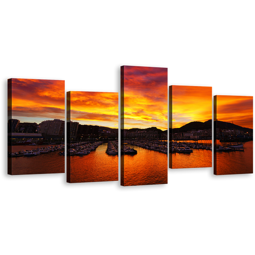 Port Boats Wall Art, Yellow Santurtzi Sunrise Ocean Mountains Canvas Print, Orange Port Ocean 5 Piece Multiple Canvas